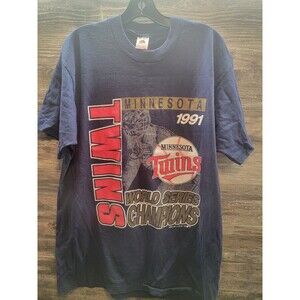 VTG Minnesota Twins 1991 World Series Tee ShirtXLarge Blue Graphic Single Stitch